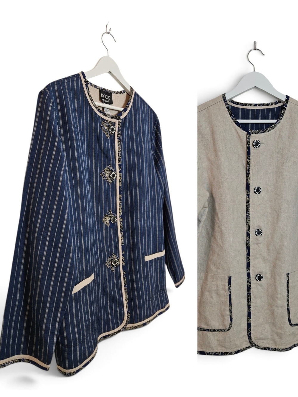 Vintage Koos Of Course Jacket L Reversible Pinstripe Lagenlook Blue Tan Black